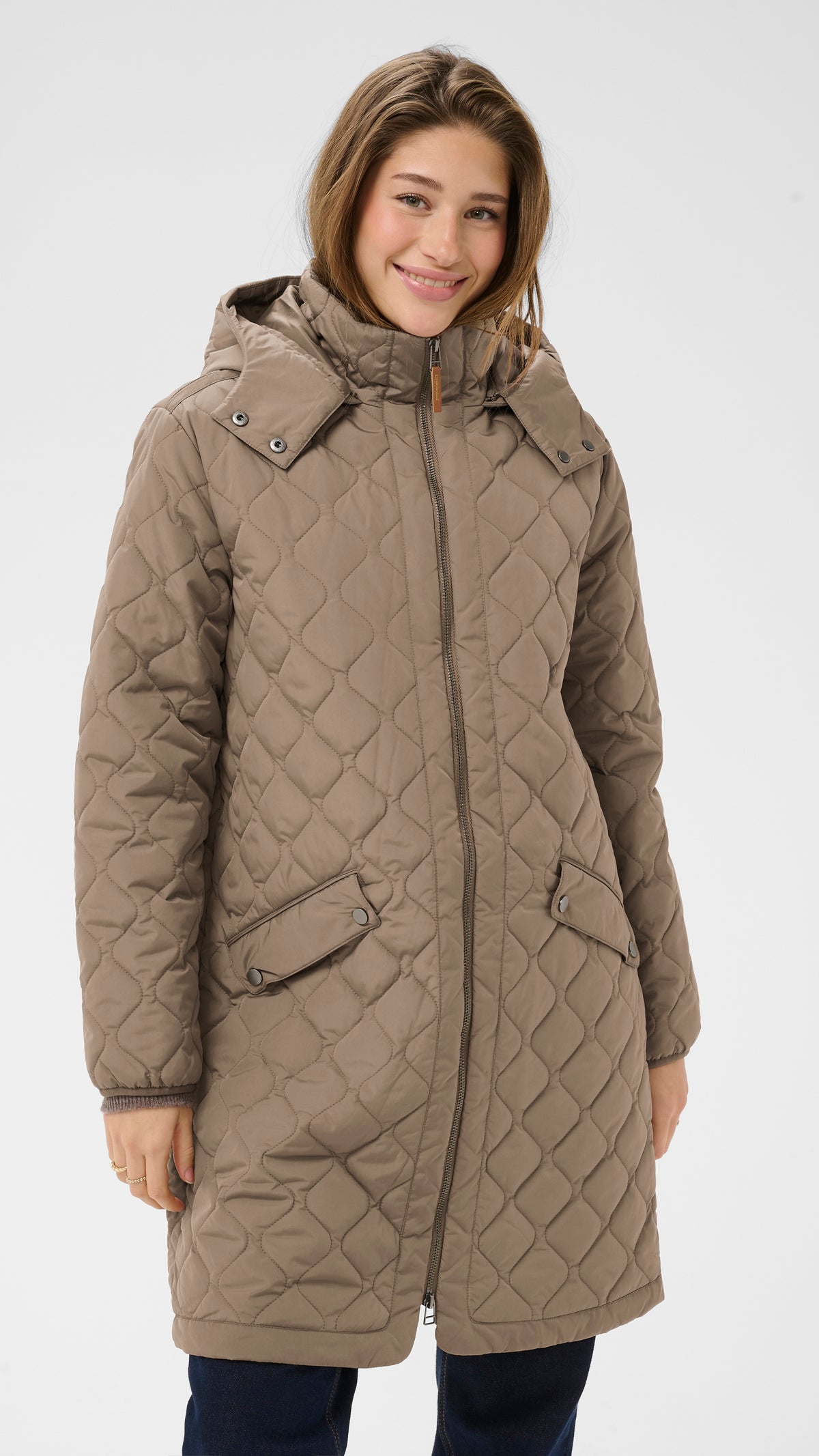 Hooded quilted midi coat | Taupe | by Cream