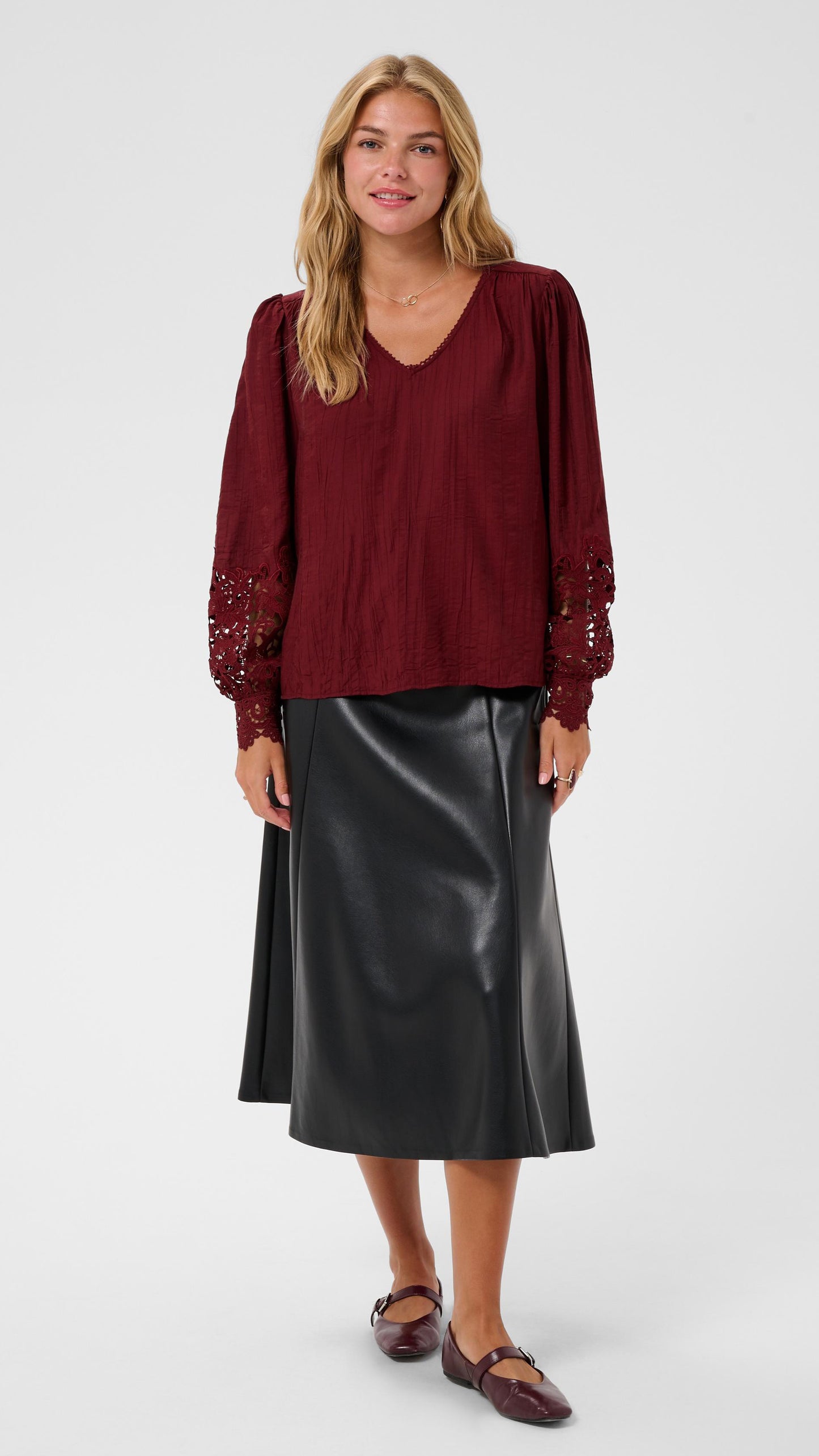 Lace sleeve v-neck blouse | Cabernet | by Cream
