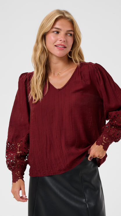 Lace sleeve v-neck blouse | Cabernet | by Cream
