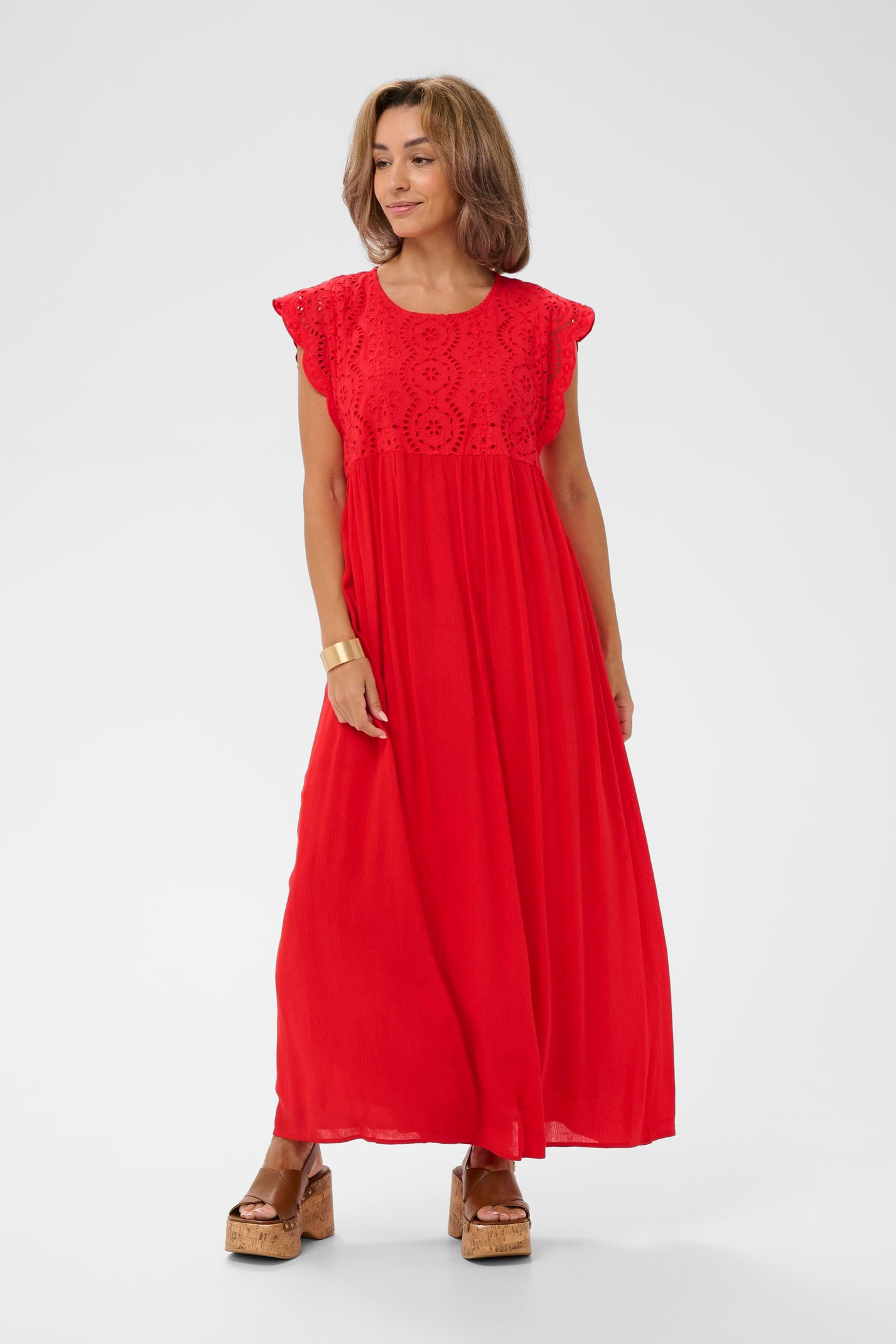 Cap sleeve embroidery anglaise dress | Red | by Cream  My Boutique