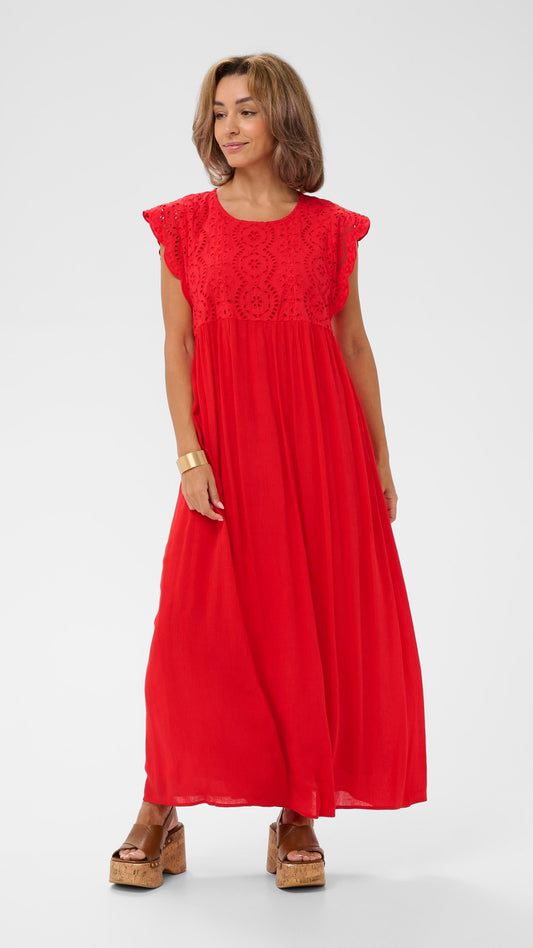 Cap sleeve embroidery anglaise dress | Red | by Cream
