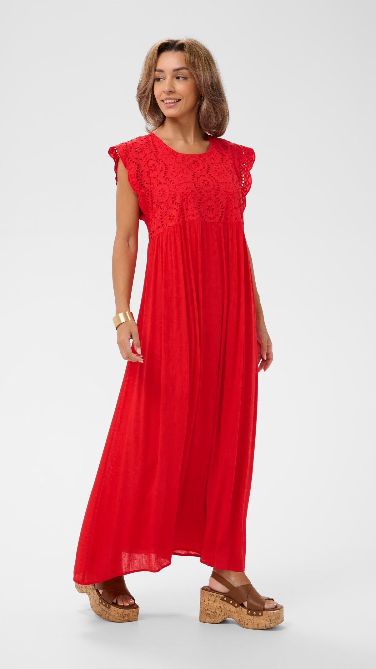 Cap sleeve embroidery anglaise dress | Red | by Cream
