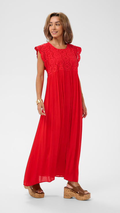 Cap sleeve embroidery anglaise dress | Red | by Cream