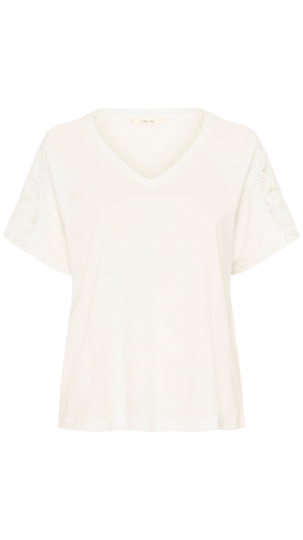 Crochet sleeve v-neck cotton mix t-shirt | White | by Cream