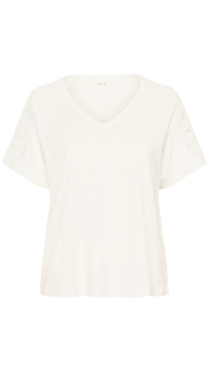 Crochet sleeve v-neck cotton mix t-shirt | White | by Cream