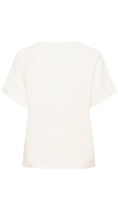 Crochet sleeve v-neck cotton mix t-shirt | White | by Cream