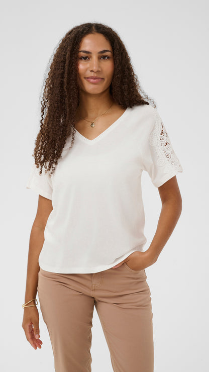 Crochet sleeve v-neck cotton mix t-shirt | White | by Cream