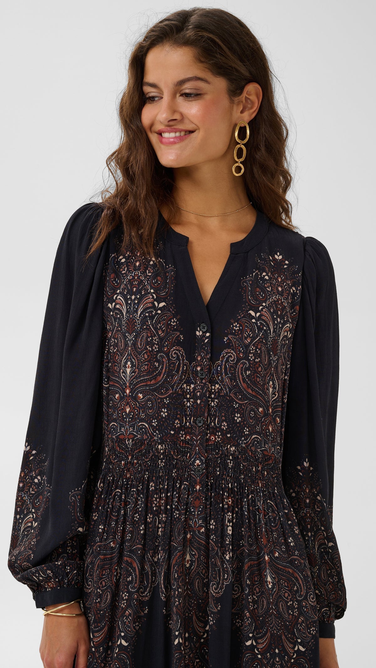 Ethnic floral print shirred waist long sleeve dress | Black | by Cream