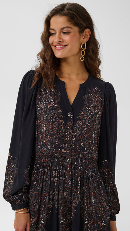 Ethnic floral print shirred waist long sleeve dress | Black | by Cream