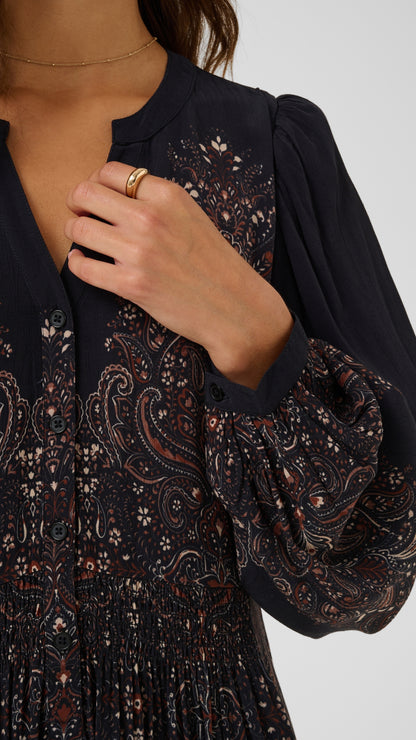 Ethnic floral print shirred waist long sleeve dress | Black | by Cream