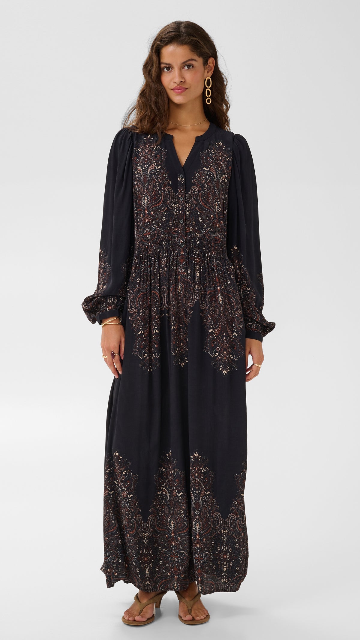 Ethnic floral print shirred waist long sleeve dress | Black | by Cream