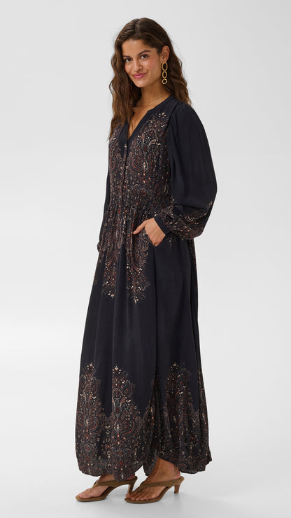 Ethnic floral print shirred waist long sleeve dress | Black | by Cream