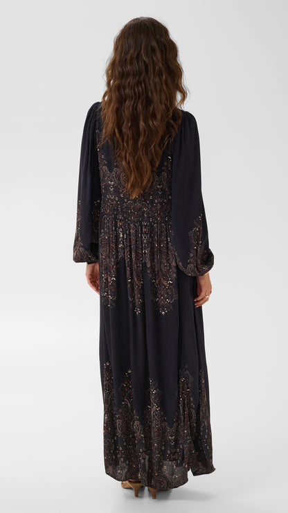 Ethnic floral print shirred waist long sleeve dress | Black | by Cream