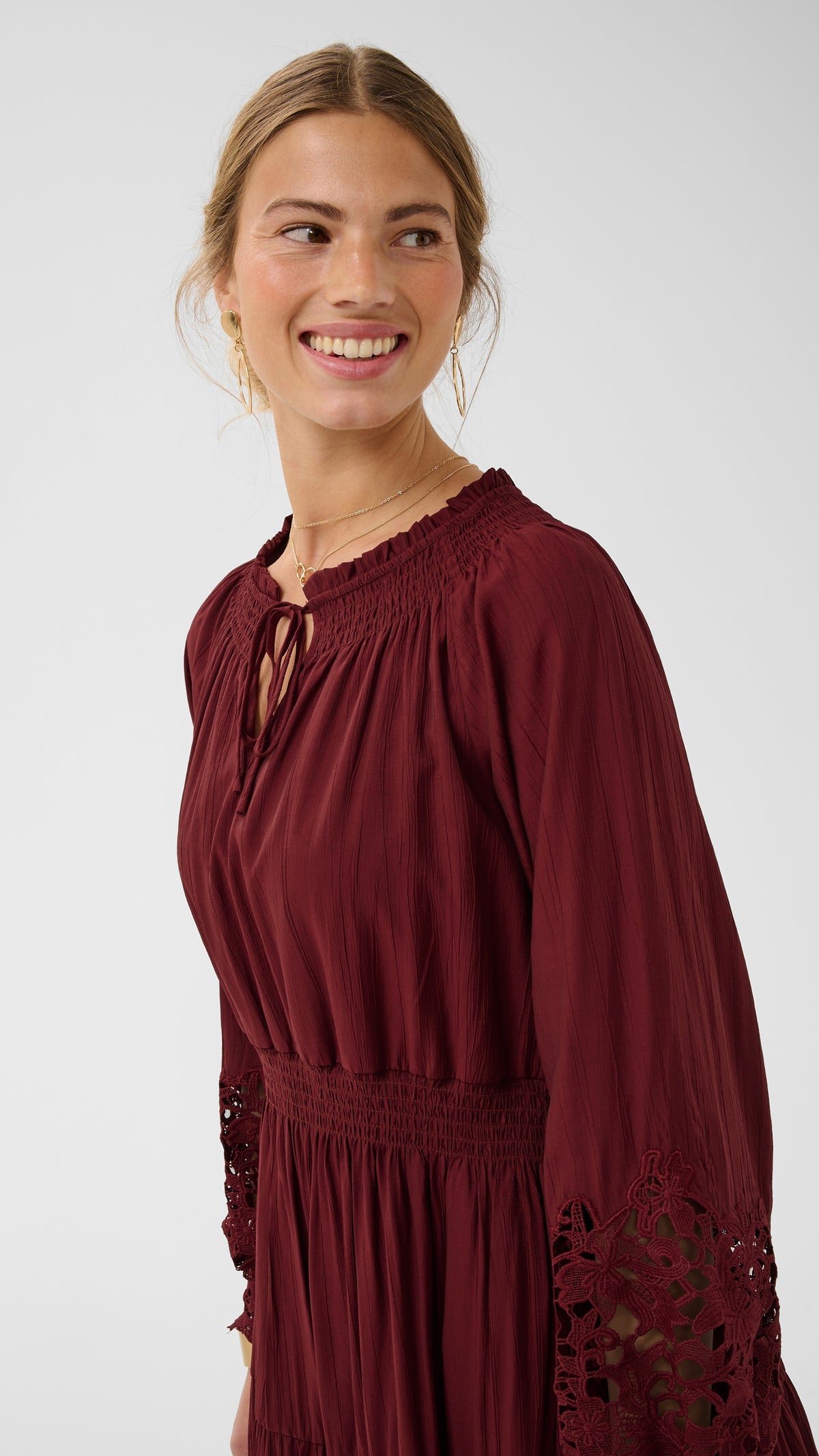 Lace sleeve shirred waist tiered midi dress | Cabernet | by Cream