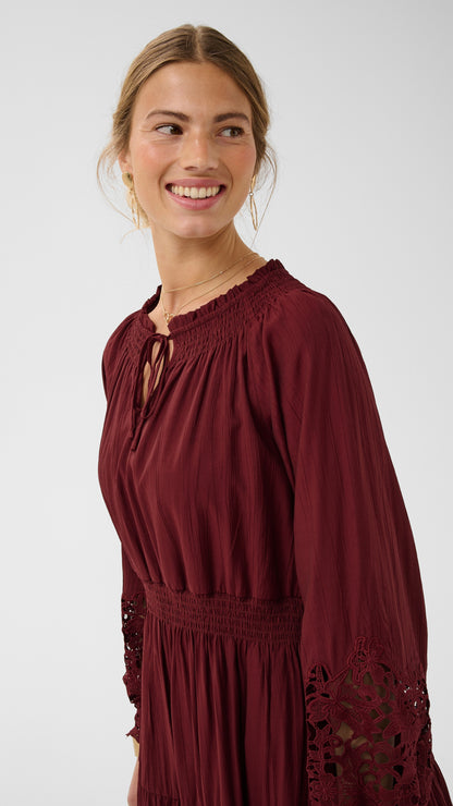 Lace sleeve shirred waist tiered midi dress | Cabernet | by Cream