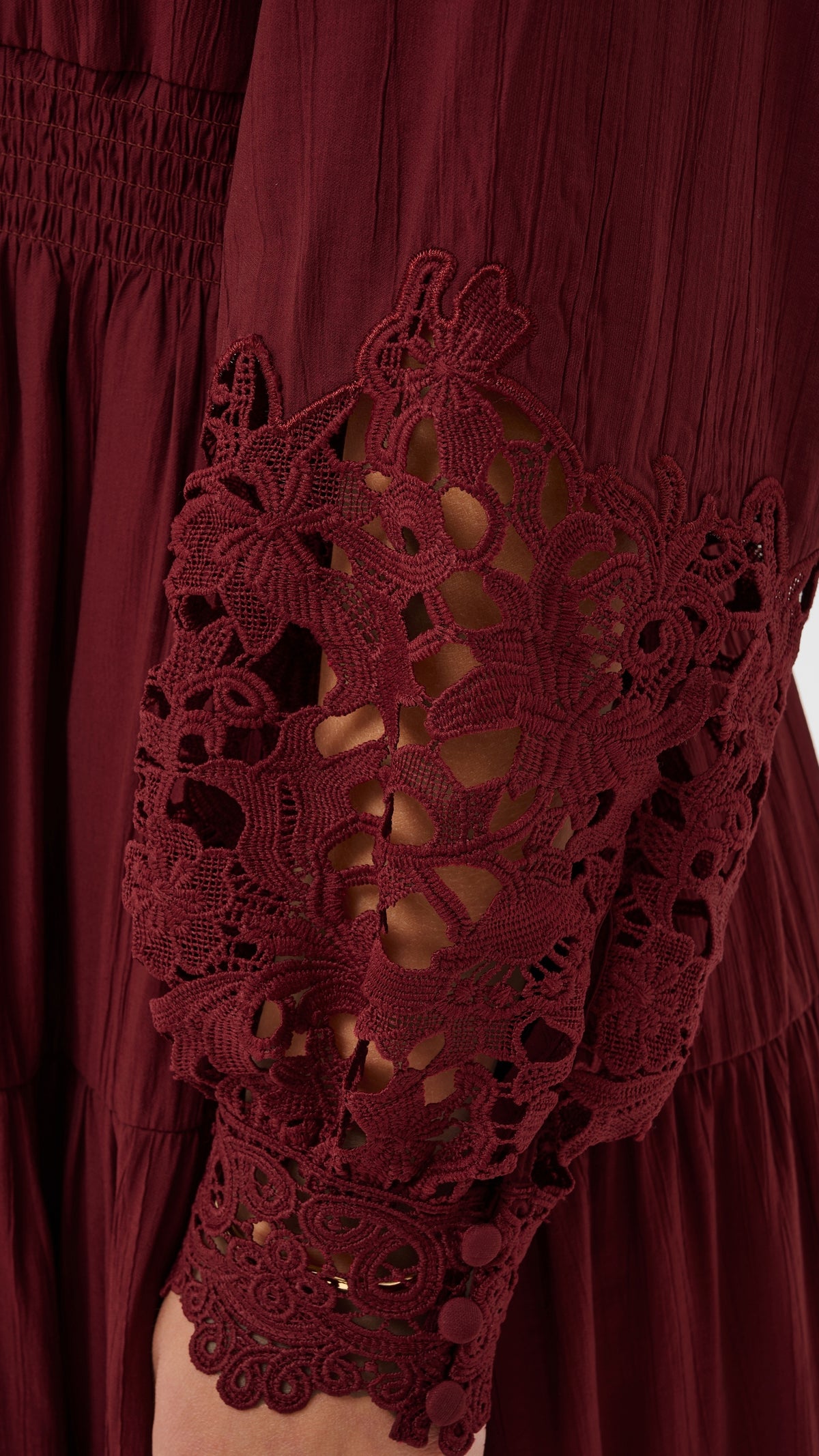 Lace sleeve shirred waist tiered midi dress | Cabernet | by Cream