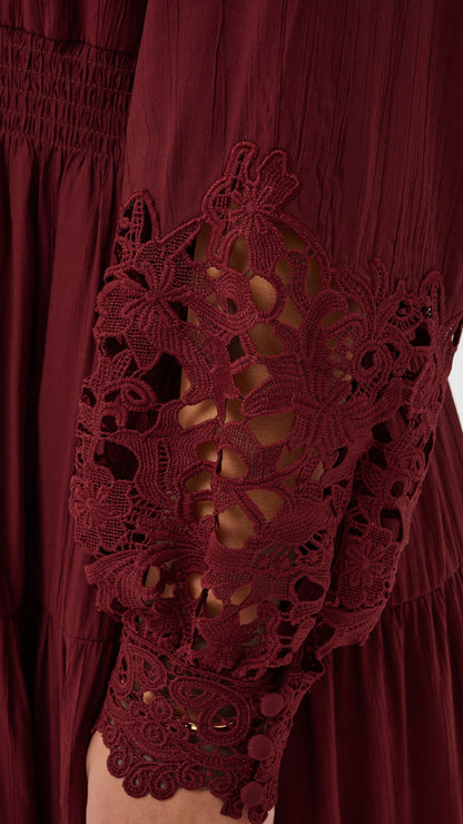 Lace sleeve shirred waist tiered midi dress | Cabernet | by Cream