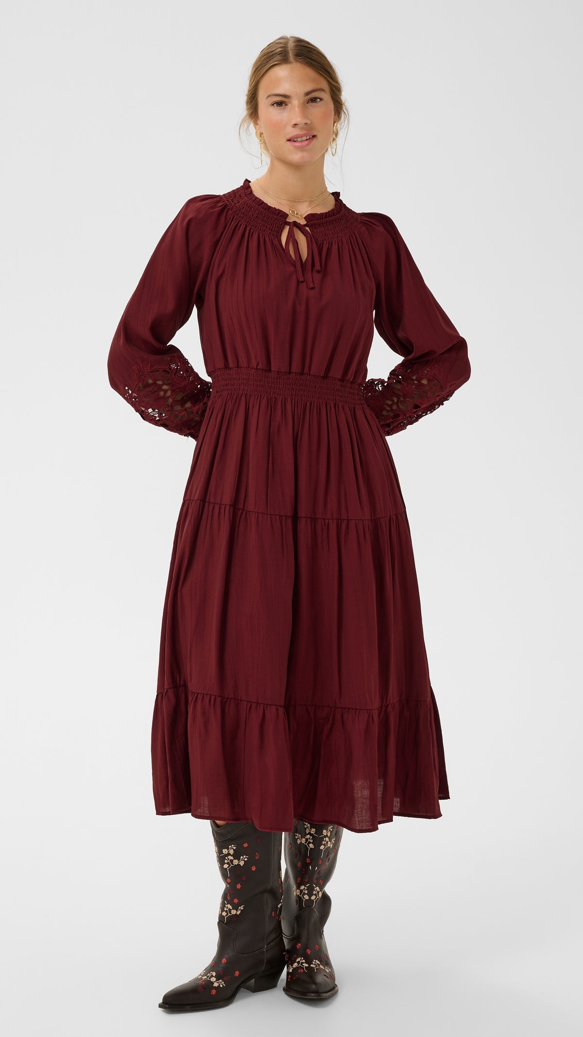 Lace sleeve shirred waist tiered midi dress | Cabernet | by Cream