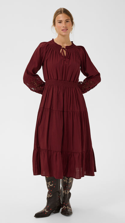 Lace sleeve shirred waist tiered midi dress | Cabernet | by Cream