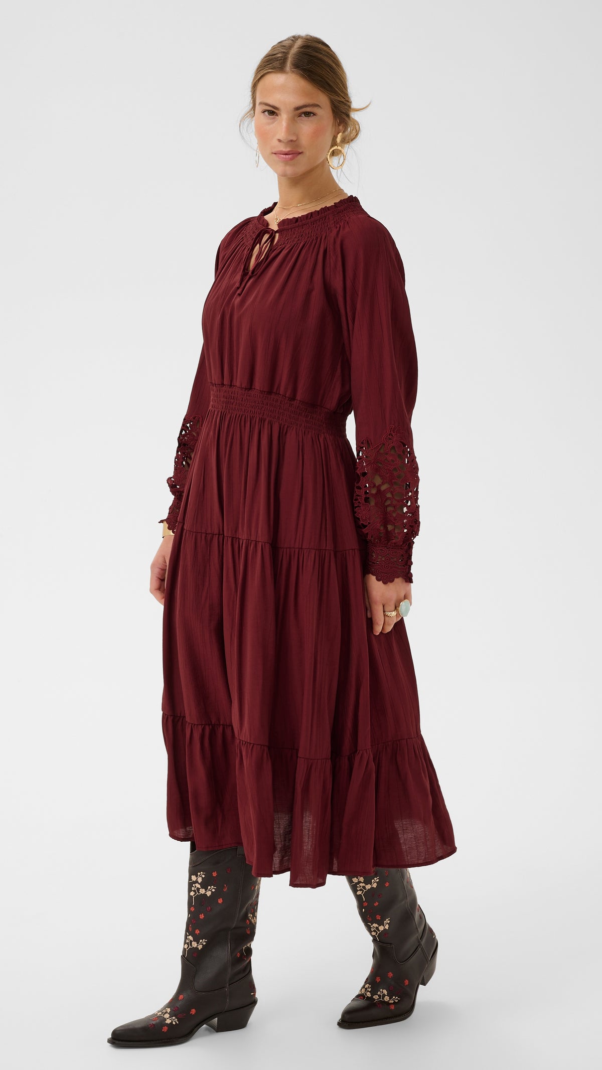 Lace sleeve shirred waist tiered midi dress | Cabernet | by Cream
