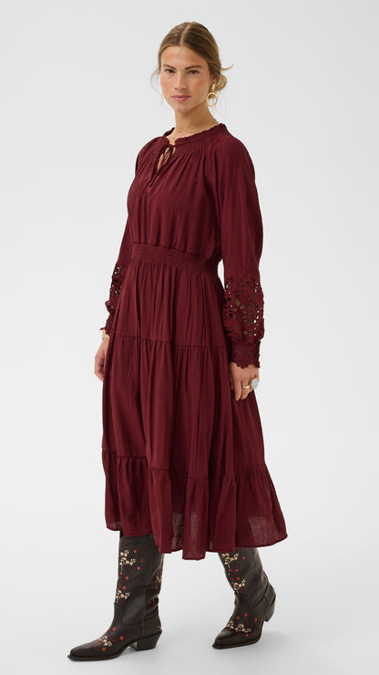 Lace sleeve shirred waist tiered midi dress | Cabernet | by Cream