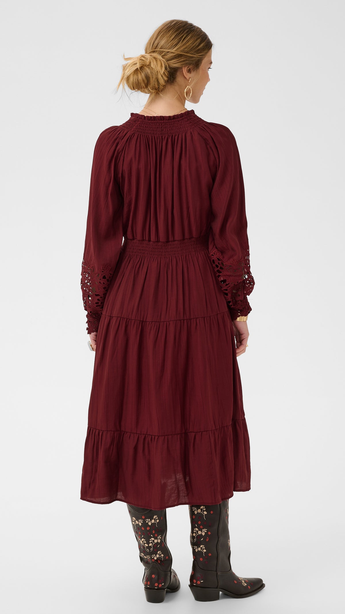 Lace sleeve shirred waist tiered midi dress | Cabernet | by Cream