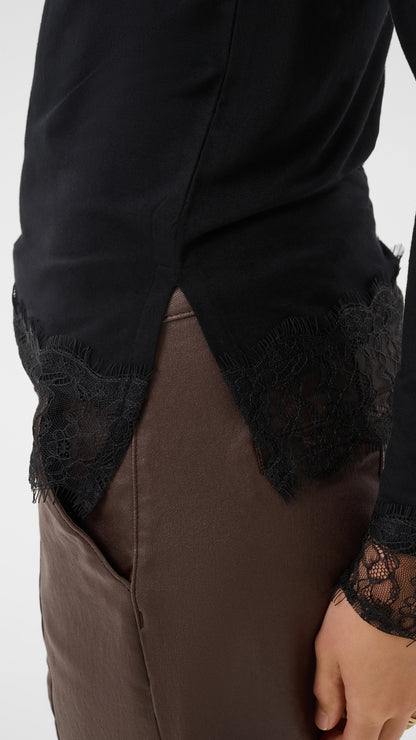 Lace trimmed jersey long sleeve top | Black | by Cream