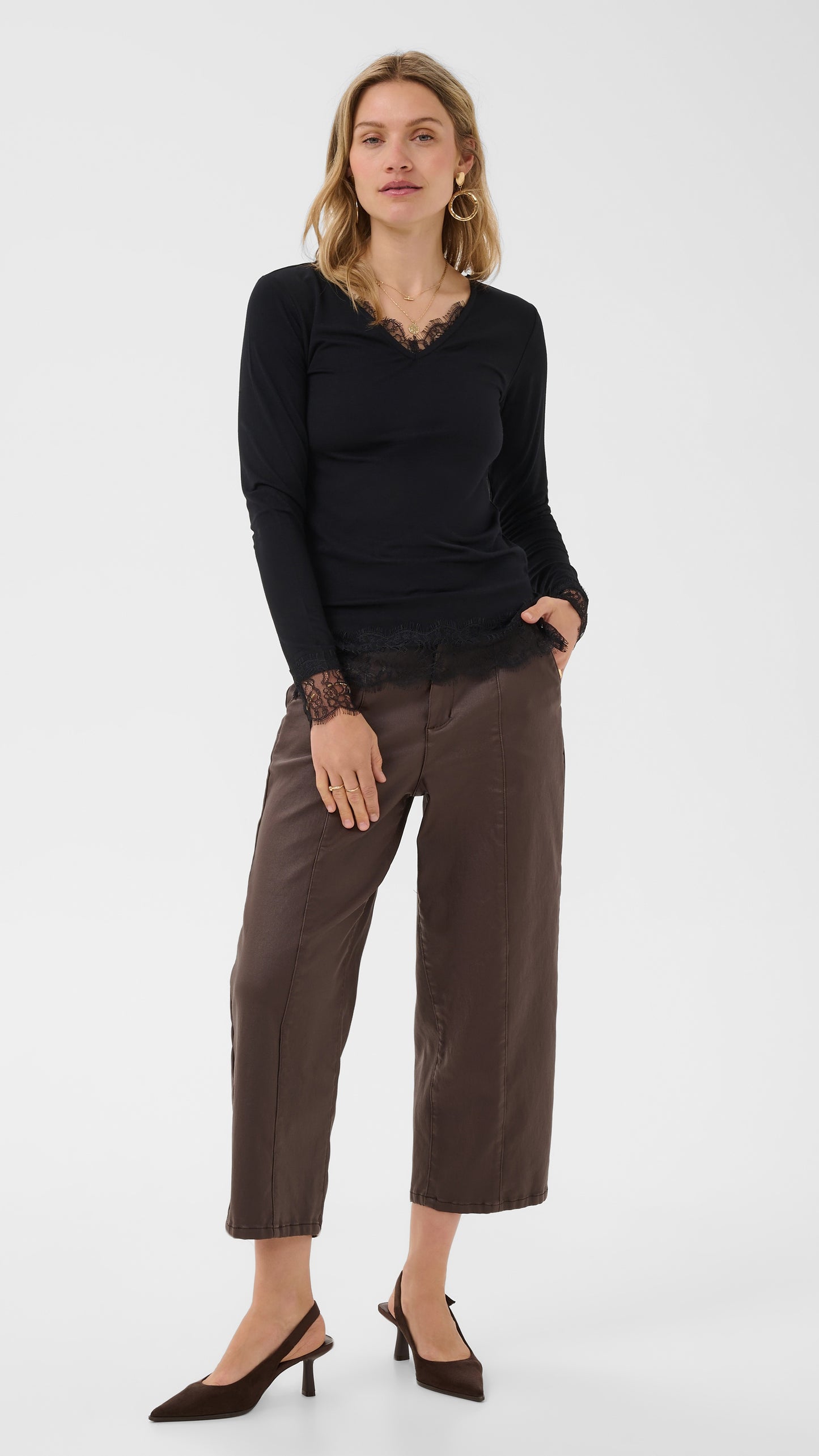 Lace trimmed jersey long sleeve top | Black | by Cream