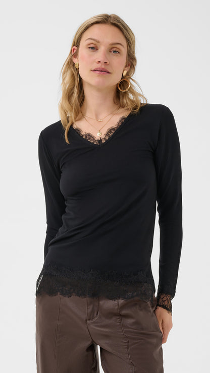 Lace trimmed jersey long sleeve top | Black | by Cream