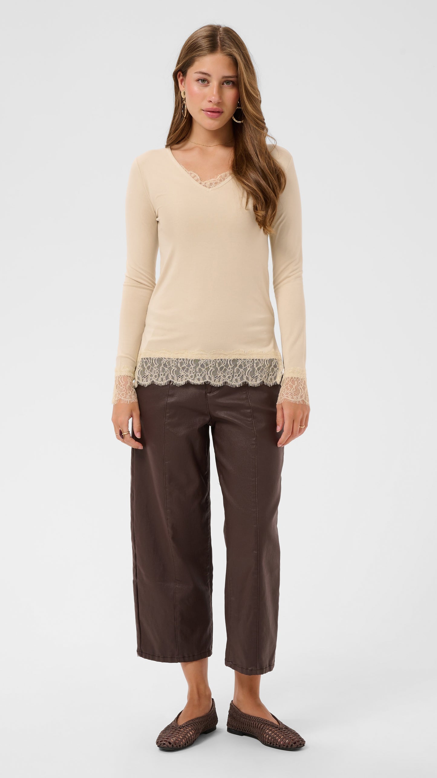 Lace trimmed jersey long sleeve top | Oatmeal | by Cream