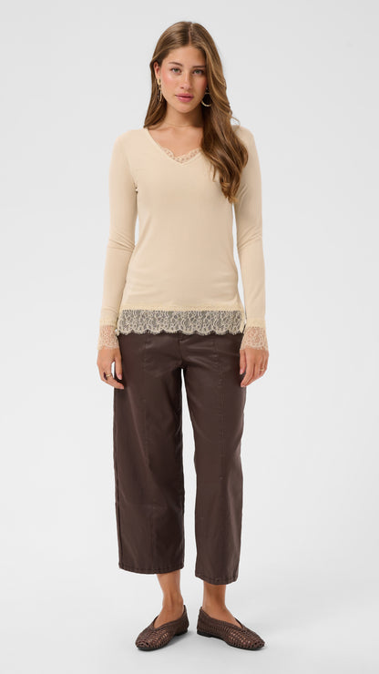 Lace trimmed jersey long sleeve top | Oatmeal | by Cream