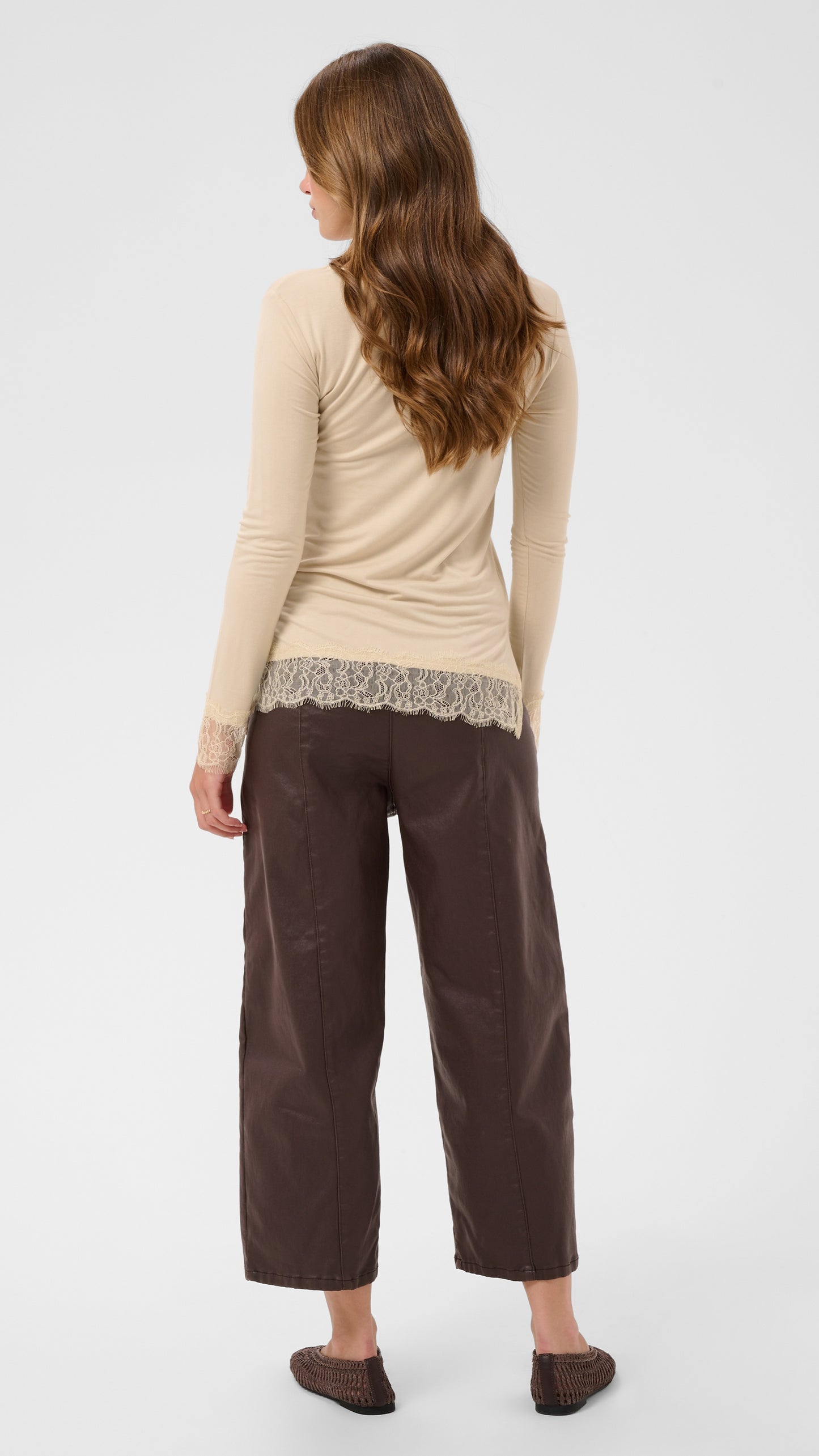 Lace trimmed jersey long sleeve top | Oatmeal | by Cream
