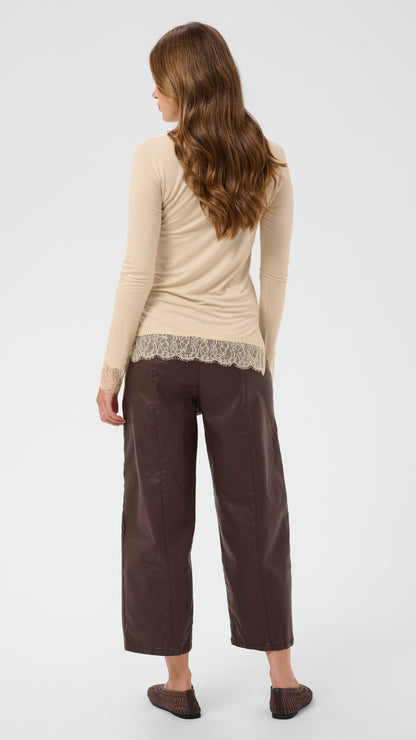 Lace trimmed jersey long sleeve top | Oatmeal | by Cream