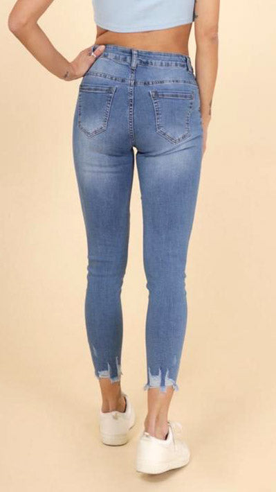 Frayed-hem skinny stretch denim jeans