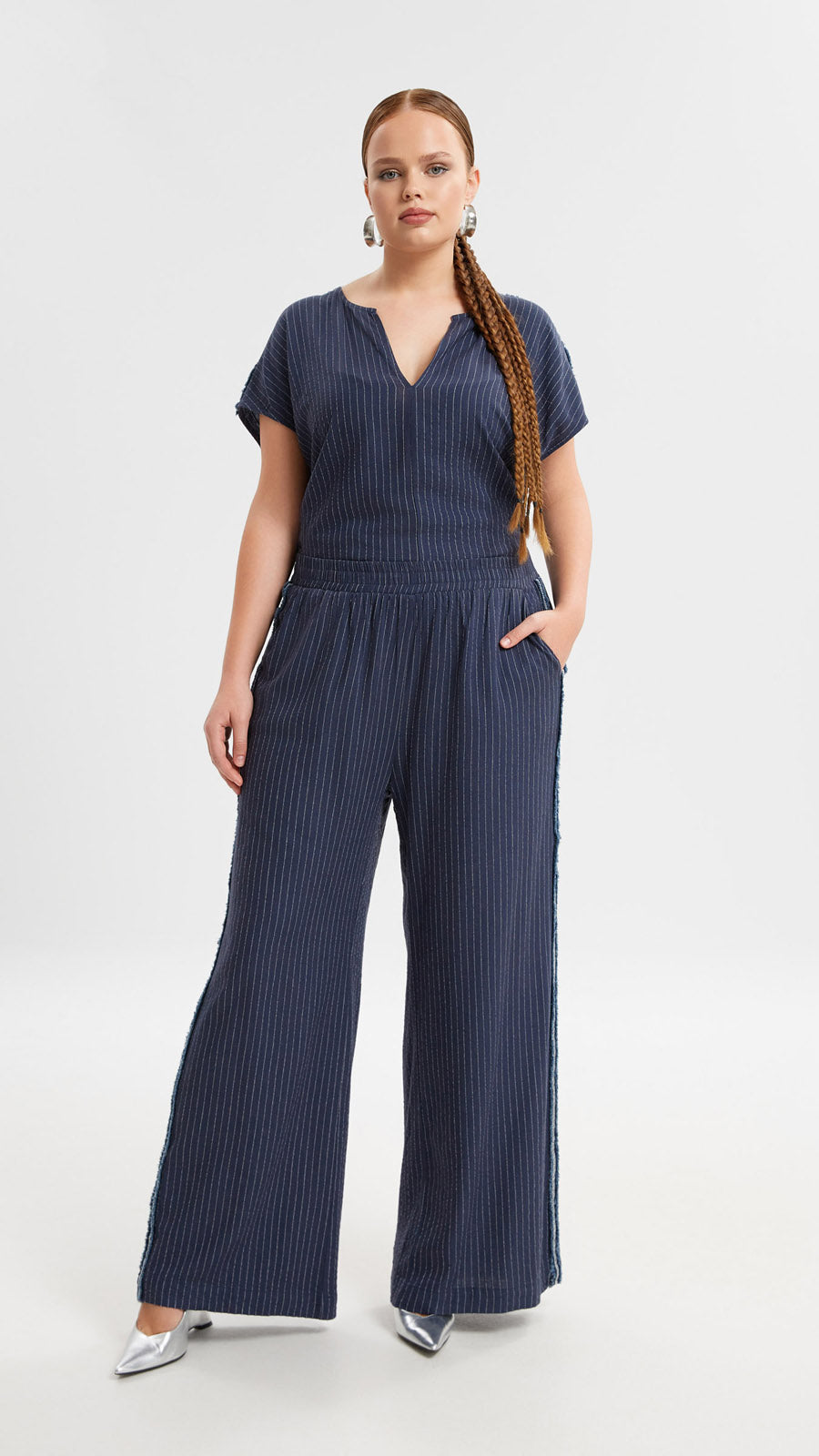 Pinstripe wide-leg trouser with silver thread & raw edge | Navy | by Mat