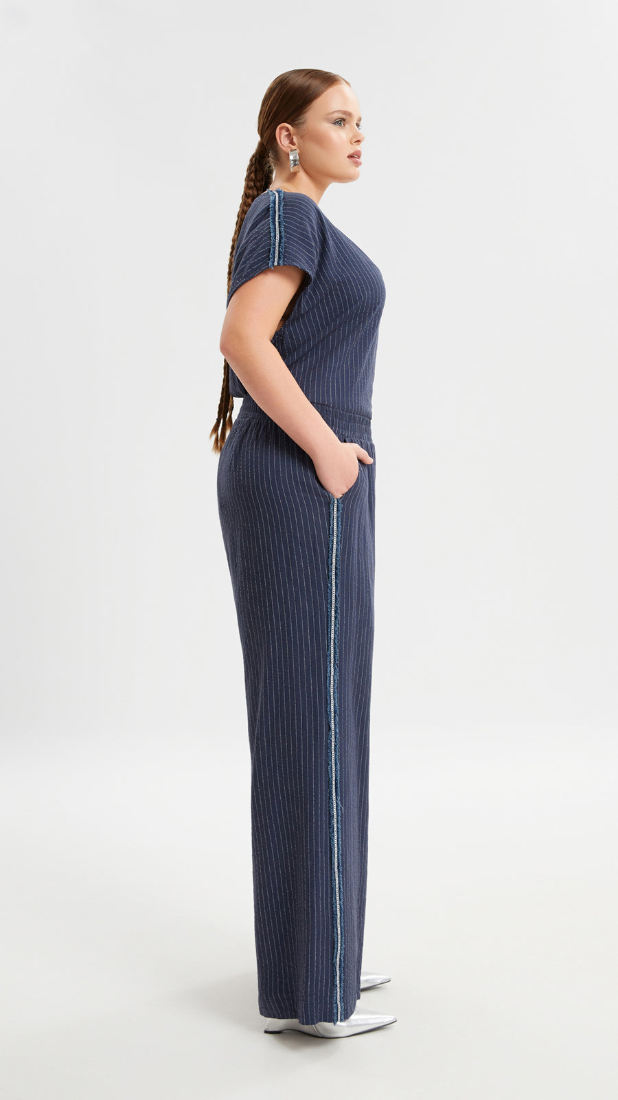 Pinstripe wide-leg trouser with silver thread & raw edge | Navy | by Mat