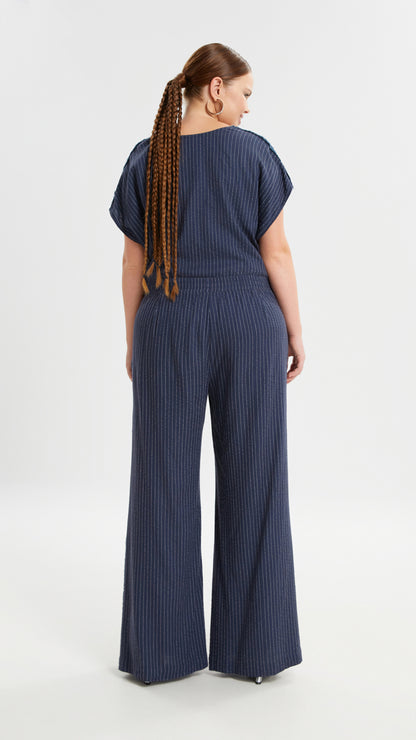 Pinstripe wide-leg trouser with silver thread & raw edge | Navy | by Mat