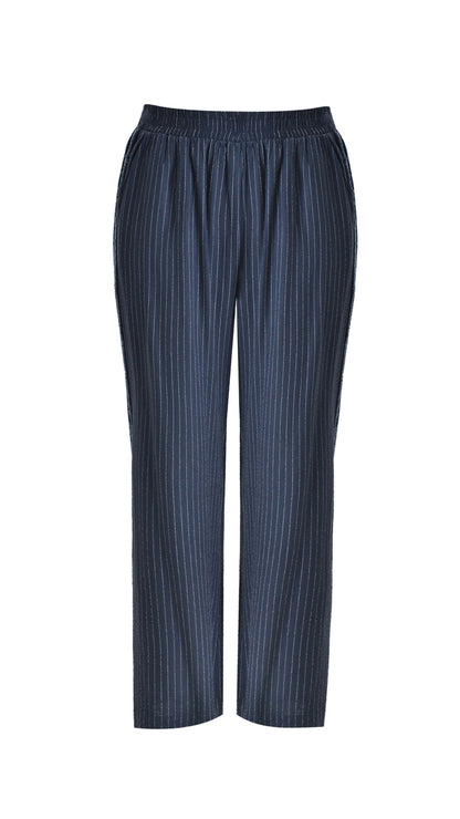 Pinstripe wide-leg trouser with silver thread & raw edge | Navy | by Mat