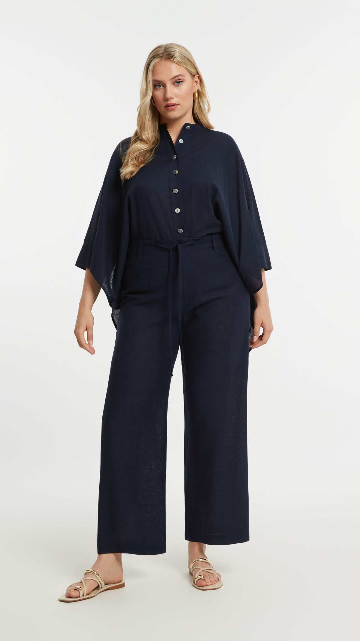 Linen mix wide-leg pants | Blue | by Mat