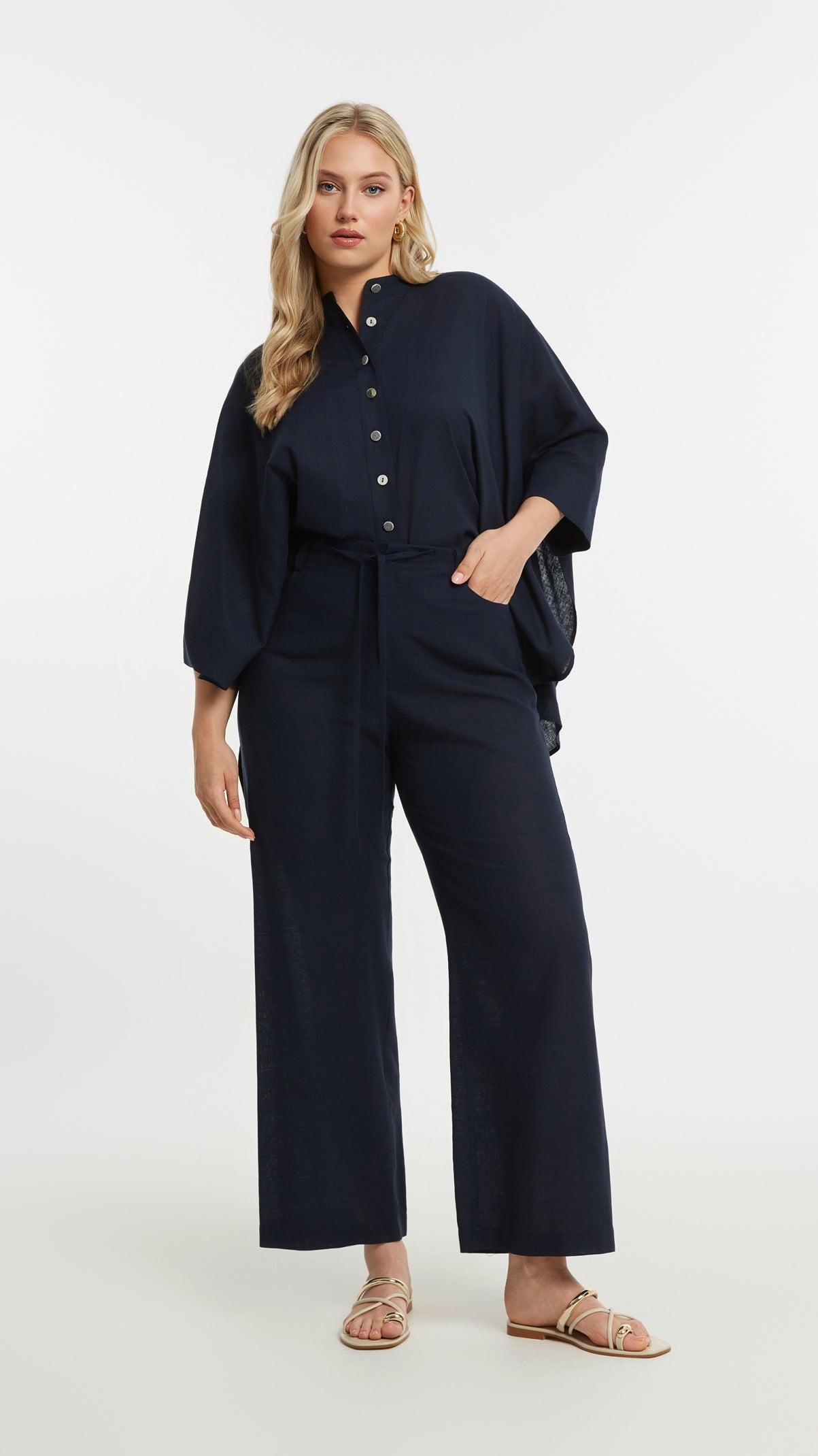 Linen mix wide-leg pants | Blue | by Mat