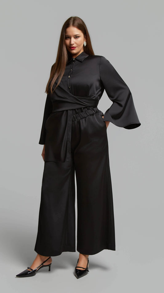 Satin wide-leg pull-on pants | Black | by Mat