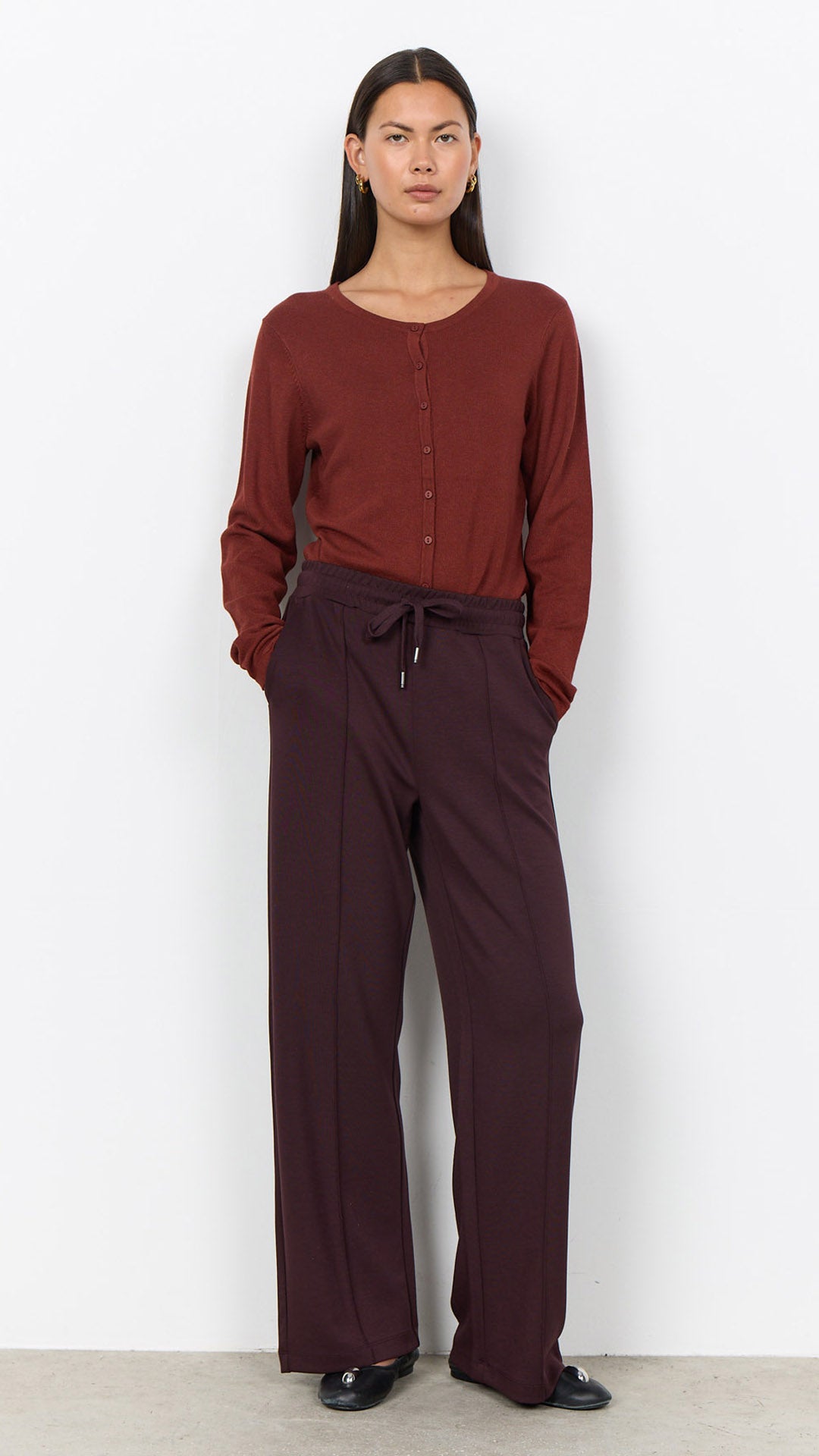 Premium soft wide-leg drawstring pants | Chocolate Plum | by Soya Concept