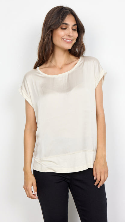 Satin front round neck jersey back top | Cream | by Soya Concept