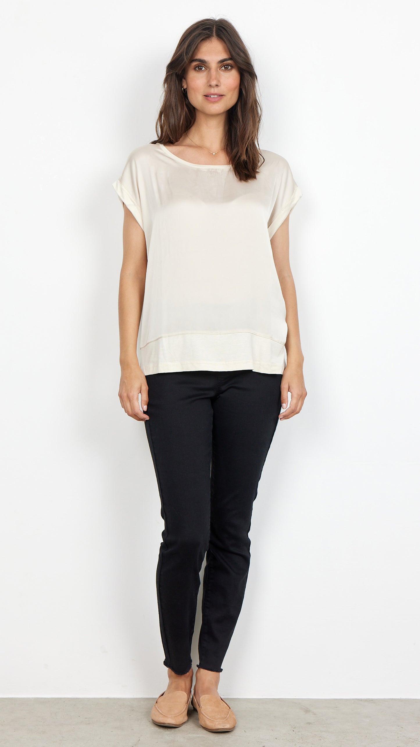Satin front round neck jersey back top | Cream | by Soya Concept