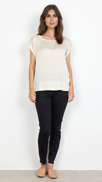 Satin front round neck jersey back top | Cream | by Soya Concept