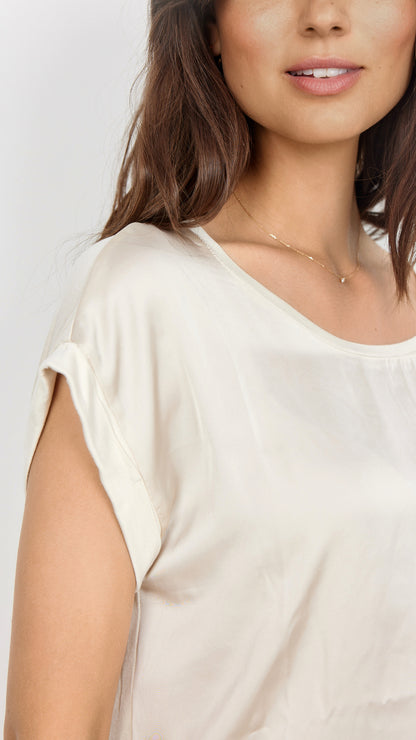 Satin front round neck jersey back top | Cream | by Soya Concept