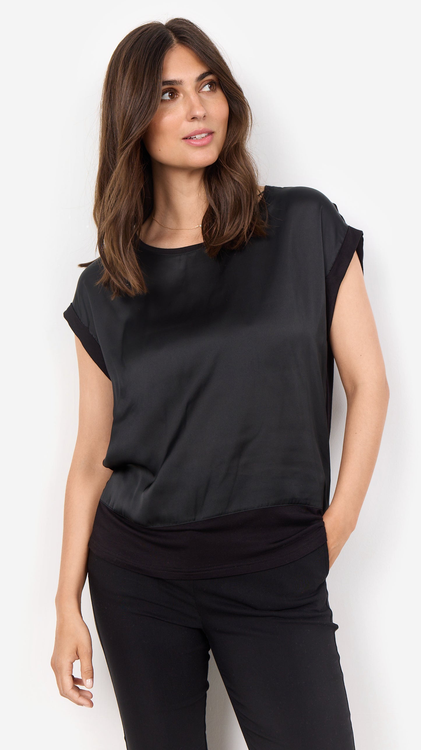 Satin front round neck jersey back top | Black | by Soya Concept
