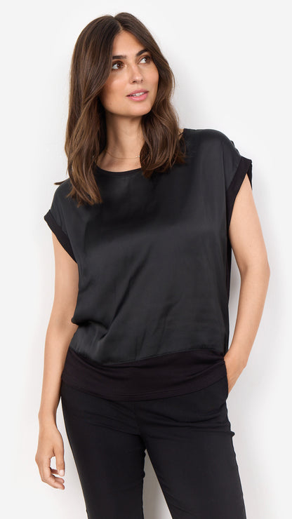Satin front round neck jersey back top | Black | by Soya Concept