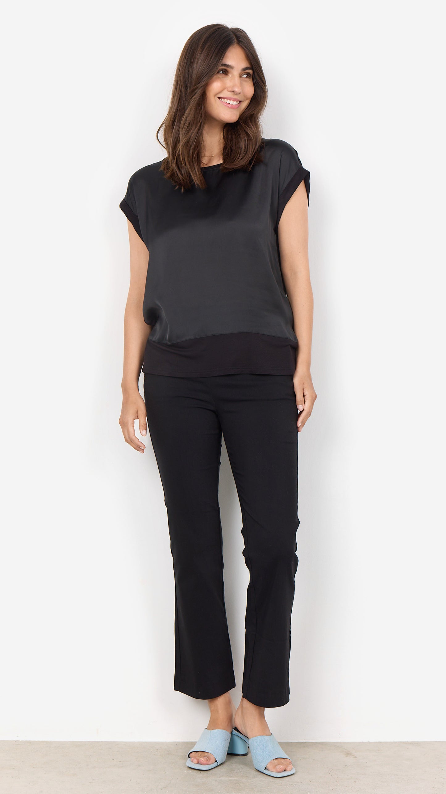 Satin front round neck jersey back top | Black | by Soya Concept