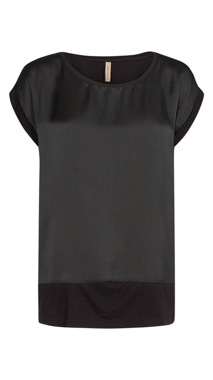 Satin front round neck jersey back top | Black | by Soya Concept
